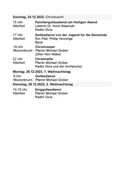 Weihnachtsgottesdienste in Altenfurt und Moorenbrunn